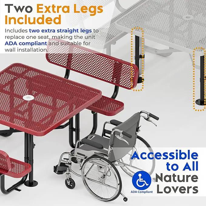 Metal Picnic Tables for Outdoors with Umbrella Hole - Coated Steel Heavy Duty Commercial Grade Table with Adjustable Seats (Red, 46 in, Square with Back, Expanded Steel) by GreenHaven Gardens