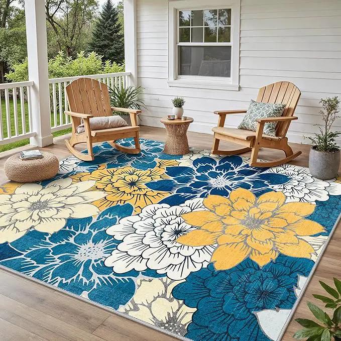 GENIMO Indoor Outdoor Area Rug 8' X 10' Waterproof, Washable Patio Rug Non Shedding, Easy Cleaning Floral Outdoor Carpet for Living Room, Bedroom, Dining Room, Balcony, Backyard, Deck, RV, Blue by GreenHaven Gardens