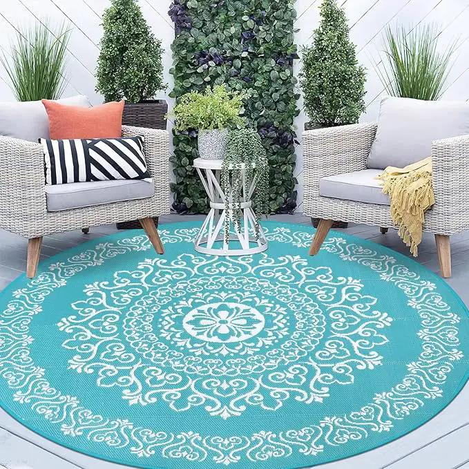 Pauwer Waterproof Outdoor Rug 8ft, Reversible Plastic Straw Patio Camping Rug, Indoor Outdoor RV Mat Carpet for Deck, Camper, Porch, Balcony, Backyard, Picnic, Floral Teal by GreenHaven Gardens