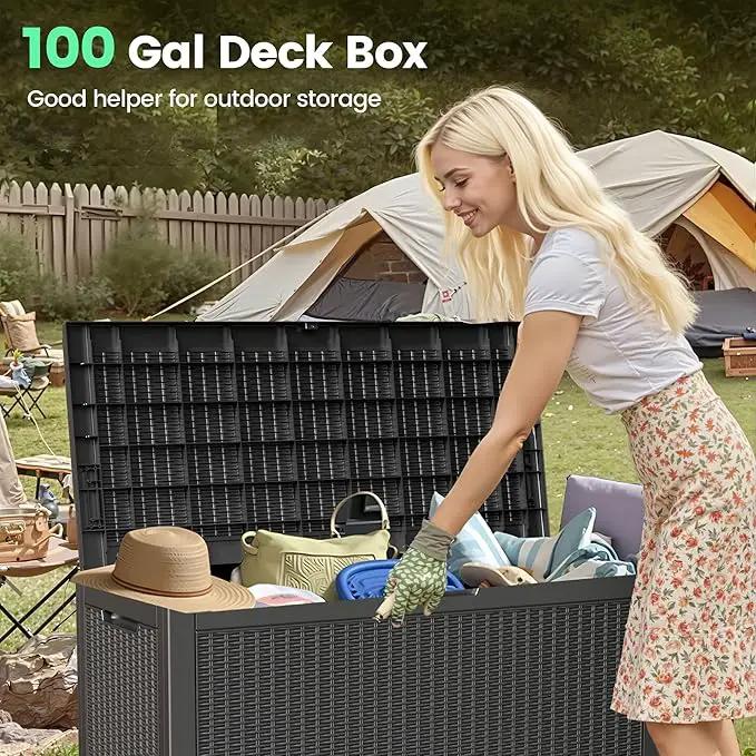 100 Gallon Storage Box, Waterproof Resin Deck Box with Hydraulic Piston Design, Lockable Storage Bench for Package Delivery, Storage Bin for Patio Cushions, Garden Tools, Black by GreenHaven Gardens