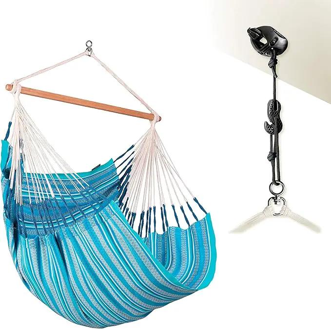 LA SIESTA® - Large Comfort Habana Cotton Hammock Chair & CasaMount - Hanging Chair w/Suspension Kit for Walls Ceilings & Square Beams - Indoor Outdoor Swing Hanging Chair Bedroom Balcony - Azure by GreenHaven Gardens