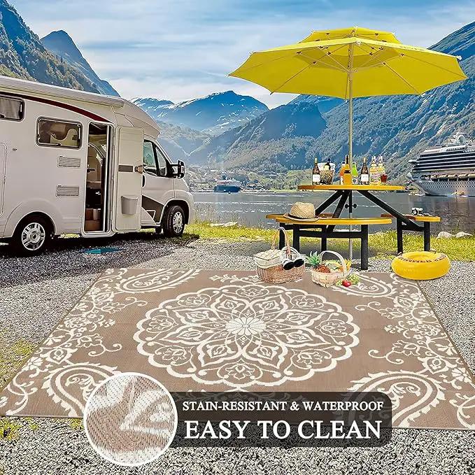 Pauwer Waterproof Outdoor Rug 8x10, Reversible Plastic Straw Patio Camping Rug, Indoor Outdoor RV Mat Carpet for Deck, Camper, Porch, Balcony, Backyard, Picnic, Boho Brown by GreenHaven Gardens