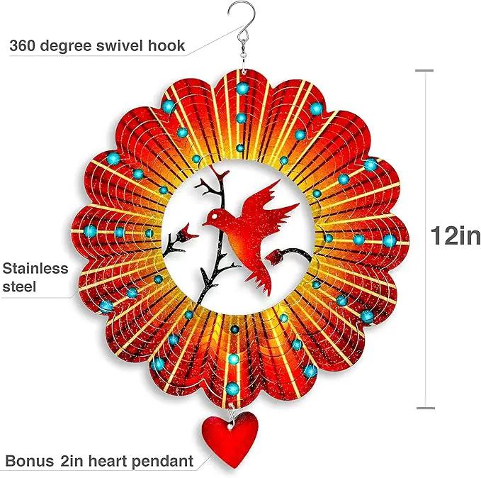 SteadyDoggie Wind Spinner - 12-Inch 3D Stainless Steel Lovebird Design with Heart Pendant - Laser Cut Metal Art Geometric Pattern - Hanging Kinetic Yard Garden Decor by GreenHaven Gardens