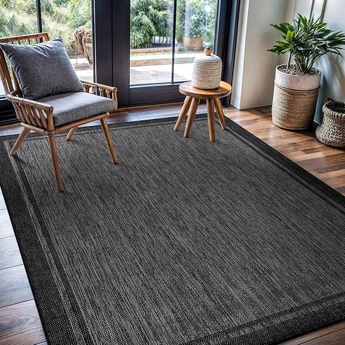 CAMILSON Indoor Outdoor Rug, 6x9 Bordered Dark Grey Black Modern Area Rugs for Indoor and Outdoor Patios, Kitchen and Hallway Mats, Washable Porch Deck Outside Carpet (Bordered Black, 6 x 9) by GreenHaven Gardens
