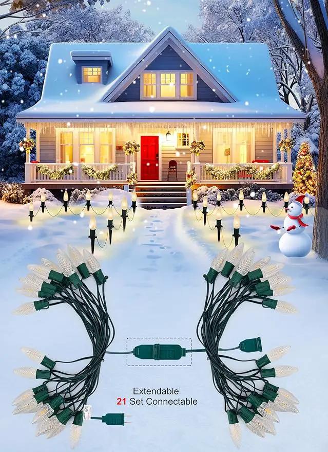 C9 Christmas Pathway Lights Outdoor, 25.7 Feet 20 LED C9 Strawberry Walkway Lights with Marker Stakes, Connectable Shatterproof C9 String Lights for Lane Outside Yard Decorations, Warm White, 4 Pack by GreenHaven Gardens