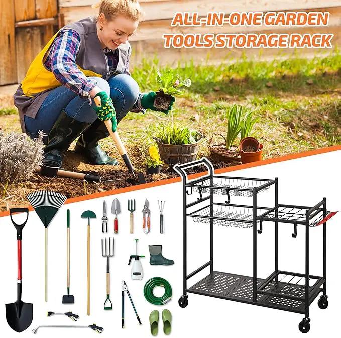 PLKOW Garden Tool Organizer with Wheels, Garden Tool Rack, Yard Tool Holder for Rakes, Shovel, Fertilizer, Garden Tool Storage for Garage, Shed, Outdoor by GreenHaven Gardens