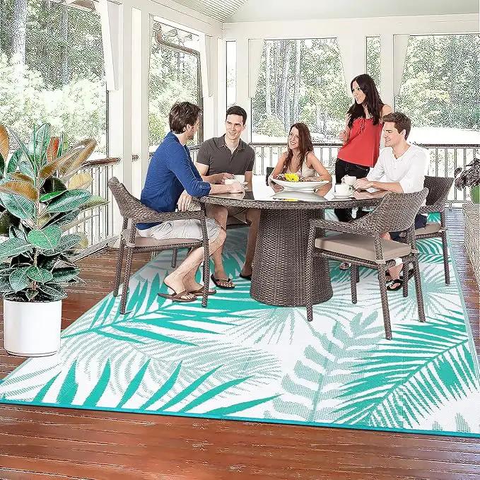 Outdoor Rug 8'x10' Waterproof for Patios Clearance, Reversible Outdoor Plastic Straw Rug Camping Carpet, Outside Floor Mats Large Area Rugs for RV,Patio,Deck,Porch, Beach,Balcony,Teal&White by GreenHaven Gardens