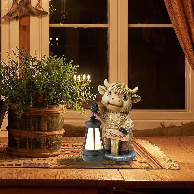 Highland Cow Statues with Solar Lights, Highland Cow Resin Figurine Lights, Highland Cow Ornaments for Patio, Balcony, Indoor Decoration and as Gifts by GreenHaven Gardens