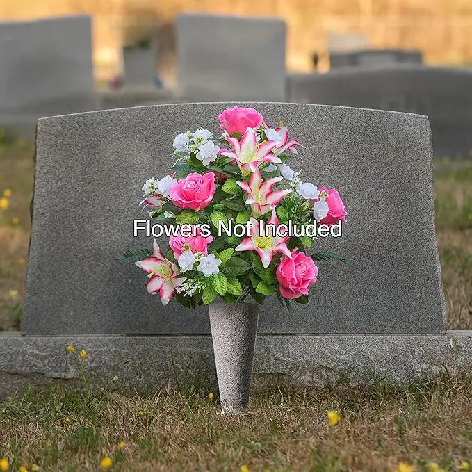 Cemetery Vase with Stakes - Plastic Flower Vases with 2 Ground Spikes, Draining Holes - for Garden, Lawn, Yard - Memorial Grave Decorations 12.7x3.4x3.9, Grey Granite Design by GreenHaven Gardens
