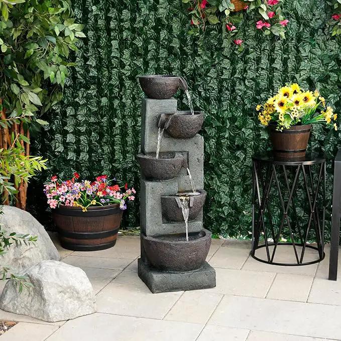 Alpine Corporation TZL390 Elegant Outdoor 5 Tier Bowls Waterfall Fountain with LED Lights for Garden, Patio, Yard, and Outdoor Spaces, Relaxing Cascading Fountain, 39" H, Gray by GreenHaven Gardens