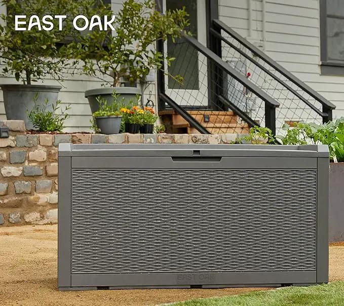 EAST OAK Outdoor Storage Box, 100 Gallon Deck Box, Waterproof Resin Storage Bench for Patio Cushions, Gardening Tools, Pool Accessories, Lockable, UV Resistant, Grey by GreenHaven Gardens