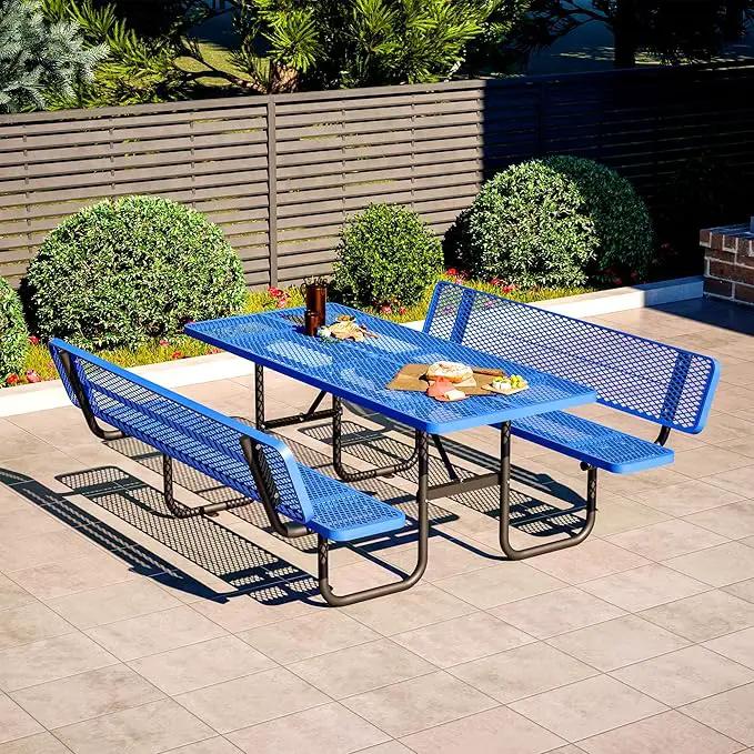79'' Steel Rectangular Picnic Table for Outdoors, with backrest, Expanded, Lifetime Picnic Table with Umbrella Hole, Heavy Duty Sturdy Commercial Picnic Tables for Garden Courtyard BBQ, Blue by GreenHaven Gardens