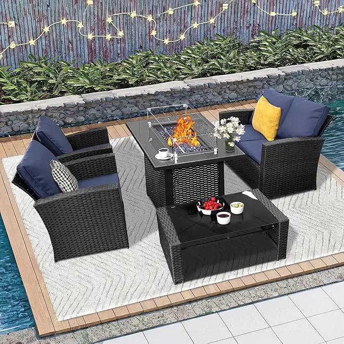 5 Piece Patio Furniture Set with 43" Propane Fire Pit Table, Outdoor Wicker Conversation Set, Rattan Modern Sectional Sofa Couch with Coffee Table for Backyard Porch Garden Poolside, Black-Blue by GreenHaven Gardens