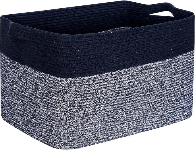MINTWOOD Design 22in Extra Large Blanket Basket Holder for Living Room, Rectangle Rope Woven Storage Bin with Handles for Laundry, Pool Towels, and Shoes, Dog Toy Box Organizer, Navy Blue by GreenHaven Gardens