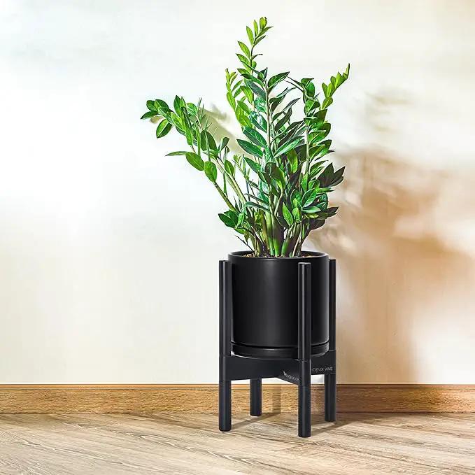 D'vine Dev Ceramic Planter with Ebony Stand - 8 Inch Modern Round Flower Pot with Wood Planter Holder, Black, 55-B-M-2 by GreenHaven Gardens