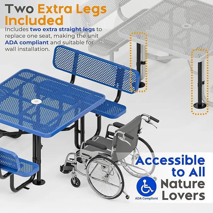 Metal Picnic Tables for Outdoors with Umbrella Hole - Coated Steel Heavy Duty Commercial Grade Table with Adjustable Seats (Blue, 46 in, Square with Back, Expanded Steel) by GreenHaven Gardens