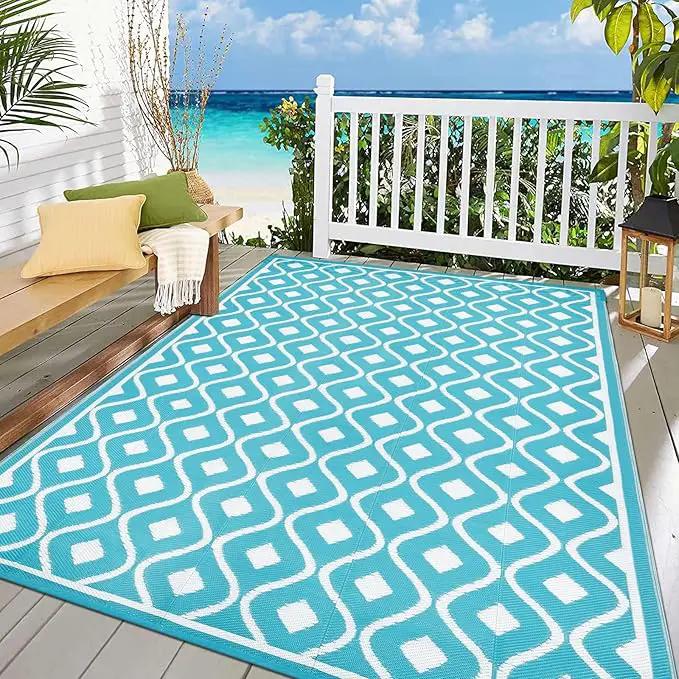 Pauwer Waterproof Outdoor Rug 9x12, Reversible Plastic Straw Patio Camping Rug, Indoor Outdoor RV Mat Carpet for Deck, Camper, Porch, Balcony, Backyard, Picnic, Geometric Teal by GreenHaven Gardens
