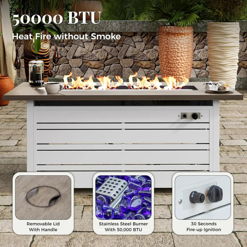 56 Inch Gas Fire Pit Table, 50,000 BTU Propane Pits for Outside with Removable Lid and Glass Fire Rocks, 2 in 1 Firepit Table Gatherings Parties on Patio Deck Garden Backyard, White by GreenHaven Gardens