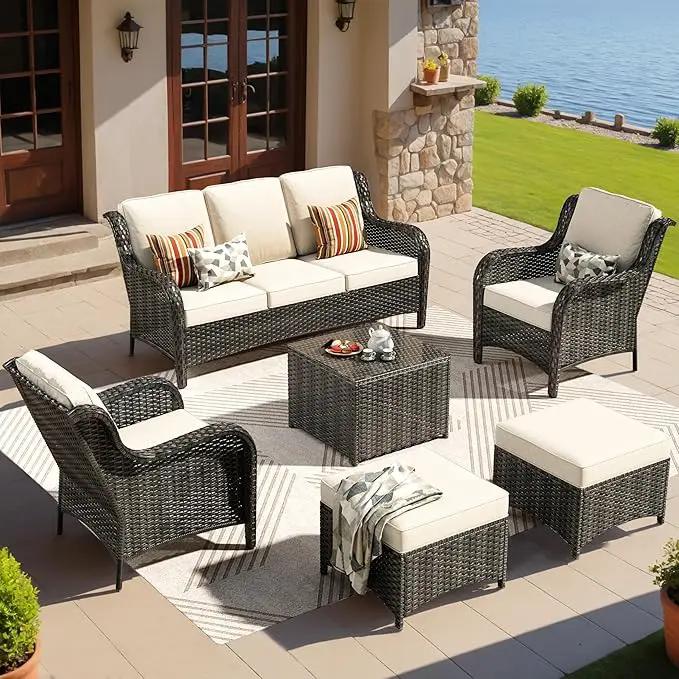 ovios 6 Pieces Patio Furniture Set, Outdoor Wicker Sofas with Glass Coffee Table and Comfy Cushions, All Weather High Back Couch Set for Deck Porch, Brown Rattan, Beige by GreenHaven Gardens