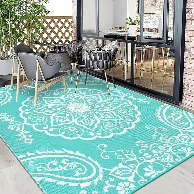 Pauwer Waterproof Outdoor Rug 6x9, Reversible Plastic Straw Patio Camping Rug, Indoor Outdoor RV Mat Carpet for Deck, Camper, Porch, Balcony, Backyard, Picnic, Boho Light Blue by GreenHaven Gardens