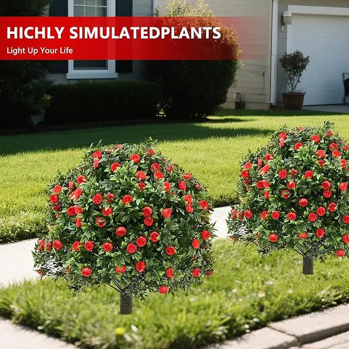 28" Artificial Boxwood Topiary Tree with Rose, Set of 2 Artificial Shrub Bushes with Ground Spike, Fake Evergreen Tree for Porch, Artificial Plants for Outdoor Planters Indoor UV Resistant by GreenHaven Gardens