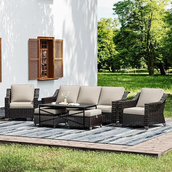 Joyside Wicker Patio Furniture Sets, 6 Pieces Upgraded Large Size Outdoor Furniture with Patio Dining Chairs, 3-Seat Sofa and Outdoor Ottoman, Thick Cushions, Wide Armrest by GreenHaven Gardens