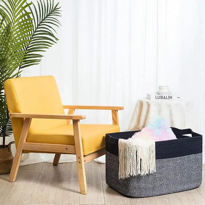 MINTWOOD Design 22in Extra Large Blanket Basket Holder for Living Room, Rectangle Rope Woven Storage Bin with Handles for Laundry, Pool Towels, and Shoes, Dog Toy Box Organizer, Navy Blue by GreenHaven Gardens