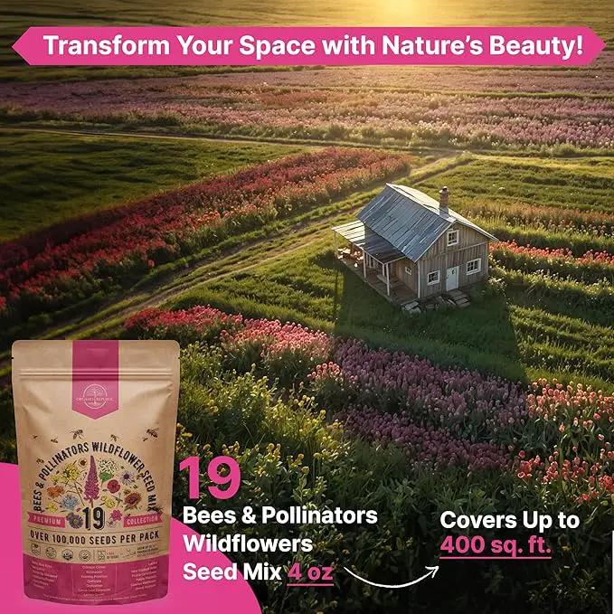 Organo Republic 19 Annual & Perennial Wildflower Seeds Mix for Indoor and Outdoors, Attract Bees & Butterflies. 100,000+ Non-GMO, Heirloom Wildflower Garden Seeds, 4oz Packet for Growing Wild Flowers by GreenHaven Gardens