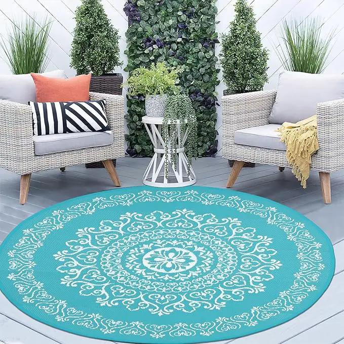Pauwer Waterproof Outdoor Rug 6ft, Reversible Plastic Straw Patio Camping Rug, Indoor Outdoor RV Mat Carpet for Deck, Camper, Porch, Balcony, Backyard, Picnic, Floral Teal by GreenHaven Gardens
