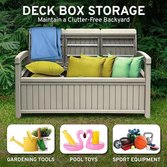 EconoHome 3 Seat Outdoor Storage Bench with Rain Cover - 90 Gallon Capacity - Weatherproof Resin Bench for Patio, Porch, Garden, Yard, Pool Area - Furniture for Pool Accessories, Gardening Tools by GreenHaven Gardens
