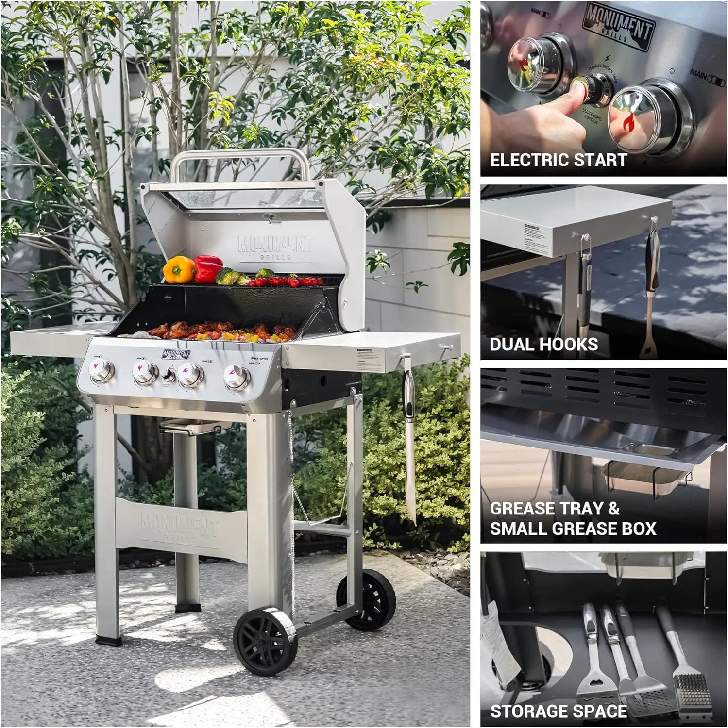 Monument Grills 4-Burner Liquid Propane Gas Grill, Silver Stainless Steel Grill Patio Garden Barbecue Grill with Clearview® Lid and One Foldable Shelf, Mesa400MF with BBQ Cover by GreenHaven Gardens