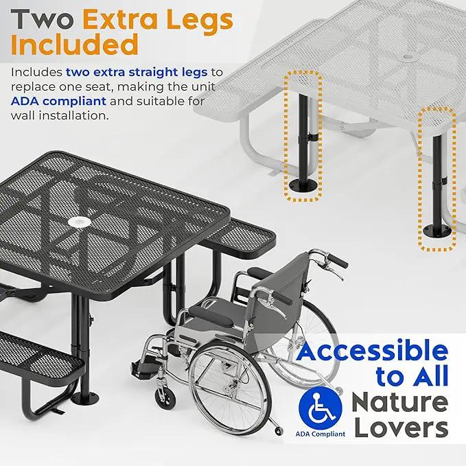 Metal Picnic Tables for Outdoors with Umbrella Hole - Coated Steel Heavy Duty Commercial Grade Table with Adjustable Seats (Black, 46 in, Square, Punched Steel) by GreenHaven Gardens