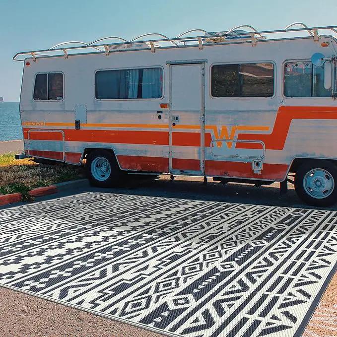 RV Waterproof Mat Outdoor Rugs 9'x12' for Patios Clearance Carpet Camping, Large Plastic Straw (9x12ft Geometric Boho Grey&White) by GreenHaven Gardens