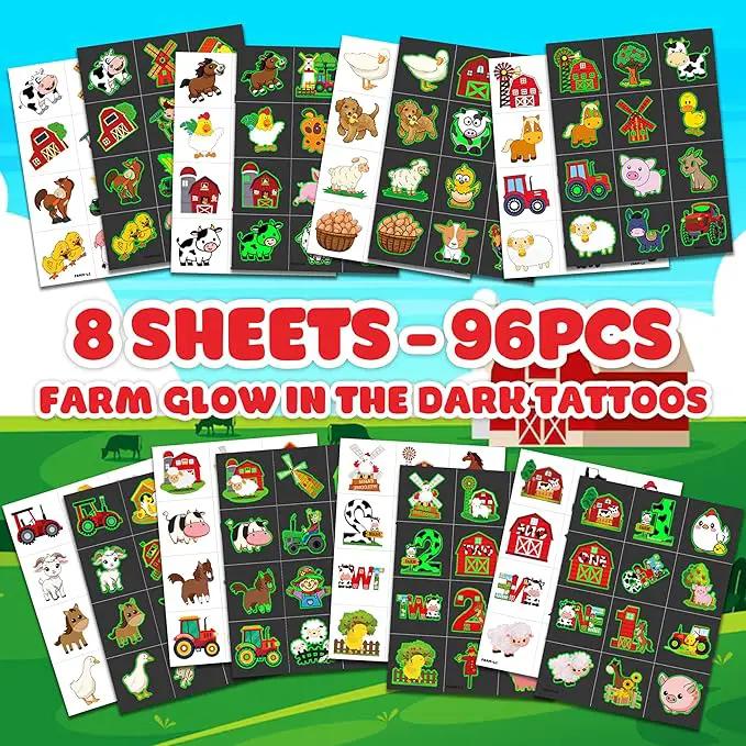 96 PCS Farm Barnyard Animal Glow In The Dark Pre-Cut Temporary Tattoos Sticker 1st First 2nd Birthday Decorations Party Favors Supplies Gift Boy Girl Farmhouse Tattoo School Reward Themed (Luminous) by GreenHaven Gardens
