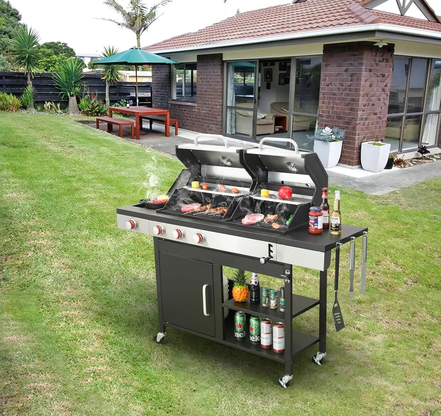 3-Burner Propane Gas BBQ Grill with Side Burner and Charcoal Grill Combo, 37,230 BTU, Enameled Cast Iron Grates, Stainless Steel Outdoor Grill for Patio and Backyard by GreenHaven Gardens