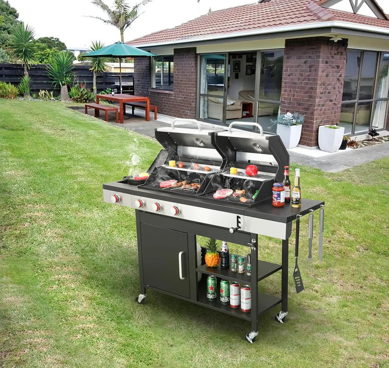 3-Burner Propane Gas BBQ Grill with Side Burner and Charcoal Grill Combo, 37,230 BTU, Enameled Cast Iron Grates, Stainless Steel Outdoor Grill for Patio and Backyard by GreenHaven Gardens