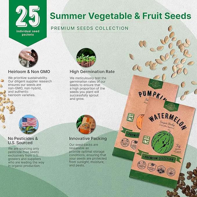25 Summer Vegetable & Fruit Seeds Variety Pack - 1,870+ Non-GMO Heirloom Veggie & Fruits Seeds for Outdoors and Indoor Home Gardening, Including Collards, Tomato, Pepper, Okra, Onion, Bean, Cucumber by GreenHaven Gardens