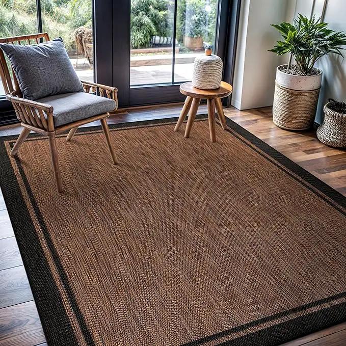 CAMILSON Indoor Outdoor Rug, 6x9 Bordered Nut Brown Black Modern Area Rugs for Indoor and Outdoor Patios, Kitchen and Hallway Mats, Washable Porch Deck Outside Carpet (Bordered Nut Brown Black, 6 x 9) by GreenHaven Gardens