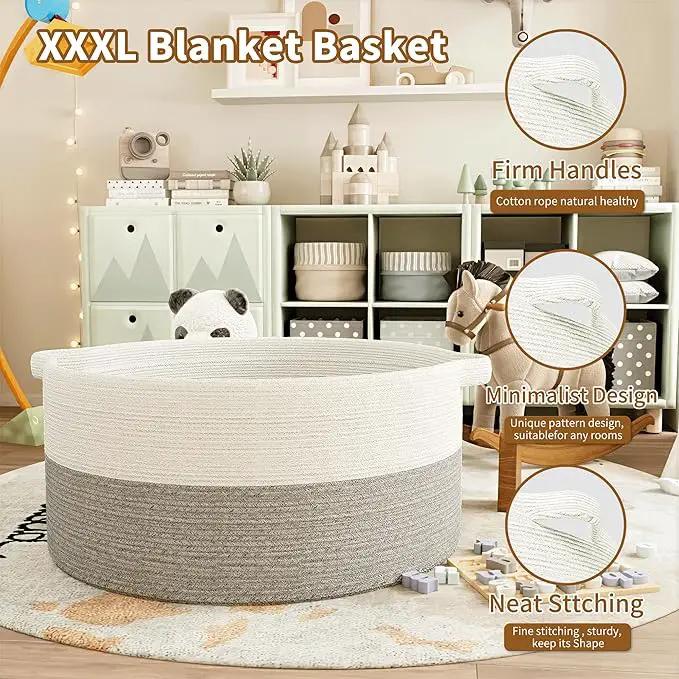 125L Extra Large Blanket Basket, 25" x 16", Jumbo Laundry Woven Baskets Decorative Home, Cotton Rope Basket with Handles, Baby Toy Baskets for Storage, White & Gray by GreenHaven Gardens
