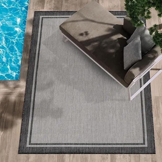 CAMILSON Indoor Outdoor Rug, 8x10 Bordered Gray Modern Area Rugs for Indoor and Outdoor Patios, Kitchen and Hallway Mats, Washable Porch Deck Outside Carpet (Bordered Grey, 8 x 10) by GreenHaven Gardens