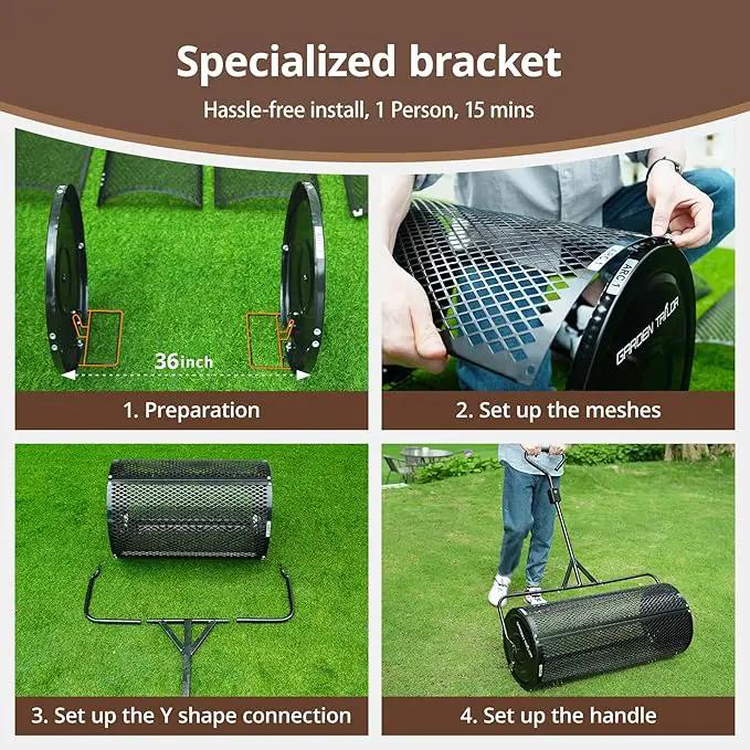 Compost Spreader 36 Inch Towable Peat Moss Spreader with Installation Support Accessories, Metal Mesh Roller Lawn Spreader for Top Soil, Manure, Mulch, Top Dressing - Garden spreaders for lawns by GreenHaven Gardens