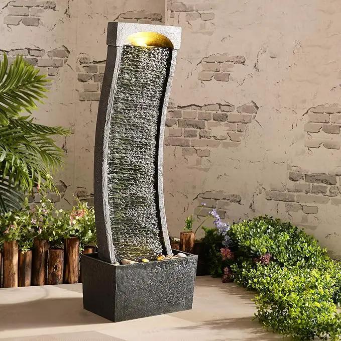 Teamson Home 38.58 in. Modern Curved Faux Slate Waterfall Fountain for Indoors or Outdoors with LED Light Accents and 1.98-Gallon Pump, Black and Stone Gray by GreenHaven Gardens