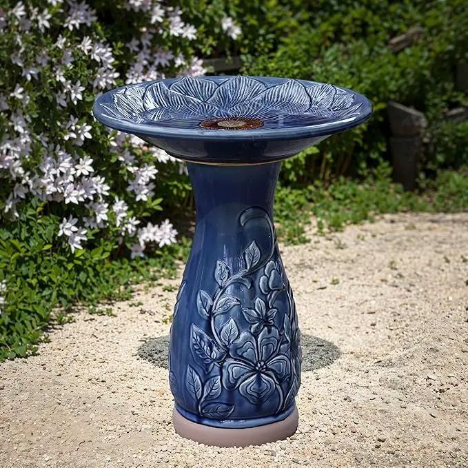 LuxenHome 22 Inch Ceramic Bird Bath for Outside, Elegant Tall Outdoor Bird Bath, Lightweight Pedestal Glazed Birdbaths for Outdoors with Floral Pattern, Deep Blue by GreenHaven Gardens