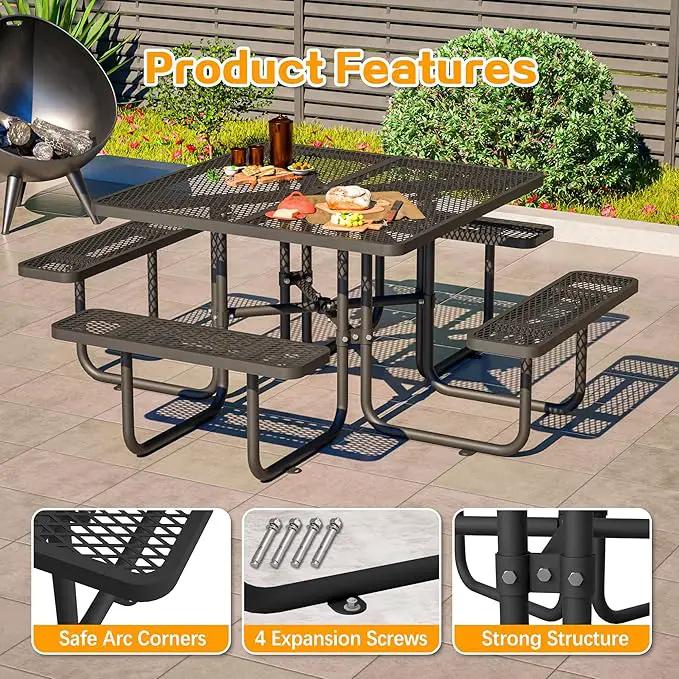 79'' Steel Square Picnic Table for Outdoors, Expanded, Lifetime Picnic Table with Umbrella Hole, Heavy Duty Sturdy Commercial Picnic Tables for Garden Courtyard BBQ, Black by GreenHaven Gardens