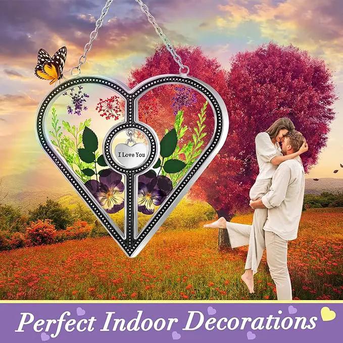 KY&BOSAM Heart Suncatcher I Love You Glass Panels for Window Hangings Wind Chime with Pressed Flower Heart Embedded in Glass Mom Gifts Birthday Gifts for Women Mother`s Day Valentine`s Christmas Decor by GreenHaven Gardens