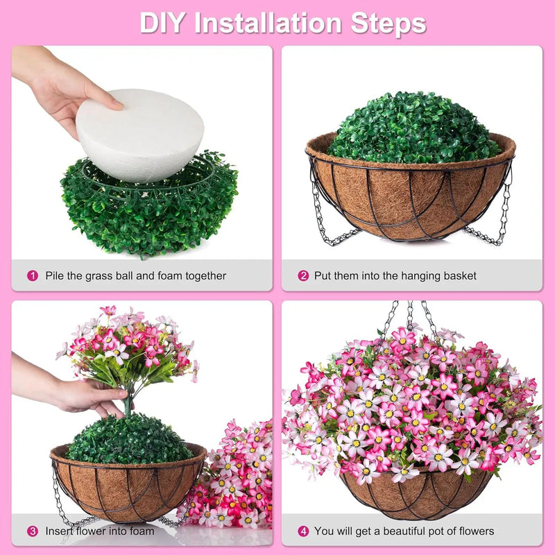 Artificial Silk Flowers Hanging Baskets Outdoors Indoors,Chrysanthemum with Eucalyptus Leaves Arrangement for Garden Yard Spring Summer Decor,Faux Plant in Metal Coconut Lining Flowerpot(Pink) by GreenHaven Gardens