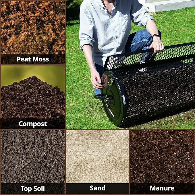 Compost Spreader 24 Inch Peat Moss Spreader with Installation Support Accessories, Metal Mesh Roller Lawn Spreader for Top Soil, Manure, Mulch, Top Dressing - Garden spreaders for lawns by GreenHaven Gardens