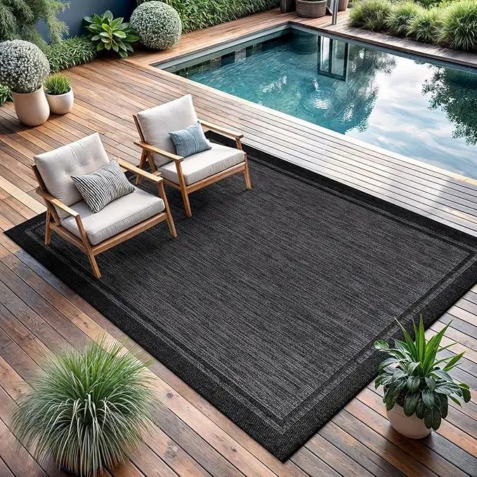 CAMILSON Indoor Outdoor Rug, 6x9 Bordered Dark Grey Black Modern Area Rugs for Indoor and Outdoor Patios, Kitchen and Hallway Mats, Washable Porch Deck Outside Carpet (Bordered Black, 6 x 9) by GreenHaven Gardens