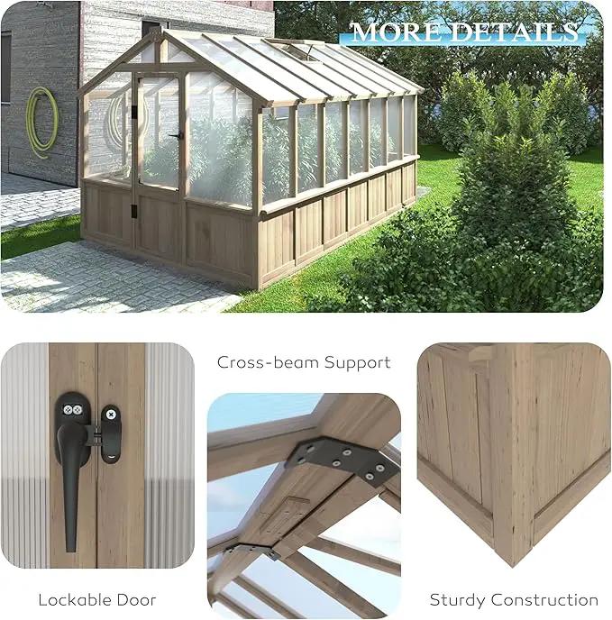 8x14 FT Outdoor Greenhouse Kit, 6MM Thick Polycarbonate Panel Wooden Walk-in Green House with Adjustable Roof Vents & Roof Vents, Backyard Garden, Light Mocha Brown by GreenHaven Gardens