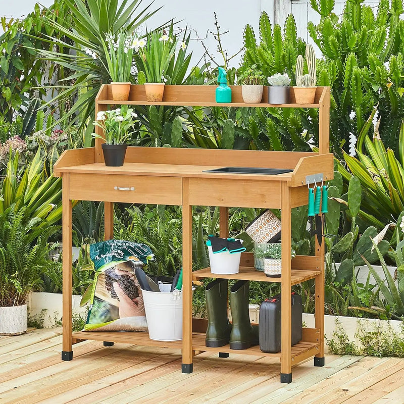 Yaheetech Potting Bench Outdoor Garden Work Bench Station Planting Solid Wood Construction for Horticulture w/Sink Drawer Rack Shelves Natural Wood by GreenHaven Gardens
